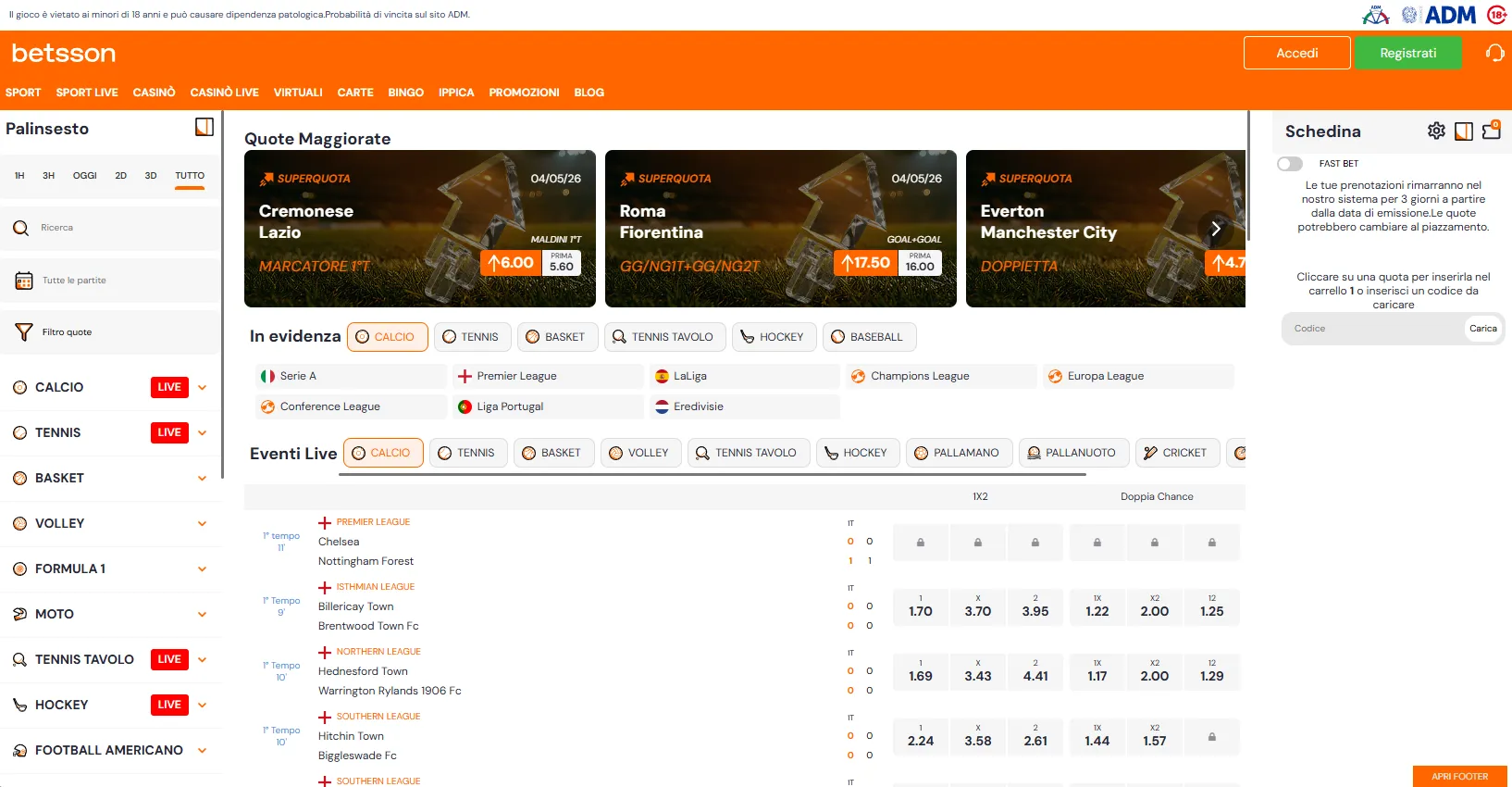 Palinsesto sportivo nei siti scommesse non AAMS in Italia